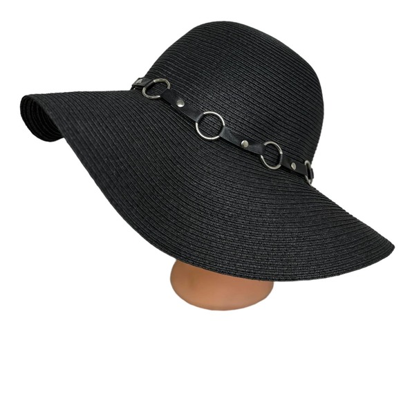 Black Straw Sun Hat Floppy Raffia Cute Silver Chain Great Sun Protection #B07 - Picture 2 of 6